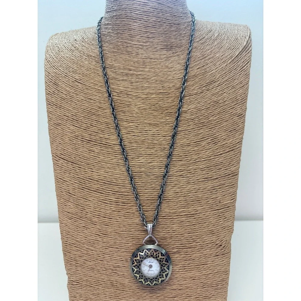Vintage Alaron Pendant Watch Necklace Silver Tone Filigree Floral Sunburst Dial